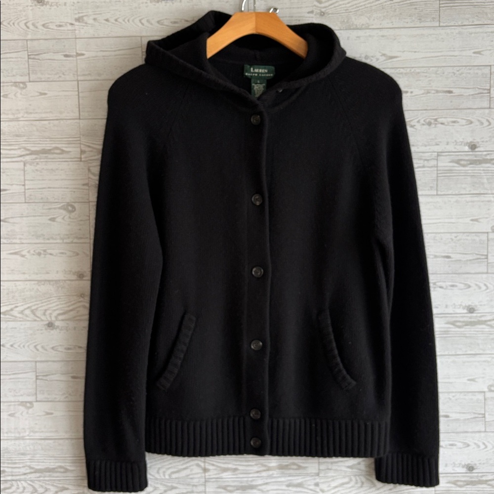 Lauren Ralph Lauren Merino Wool Angora Cardigan‎ Sweater Hoodie Black Large